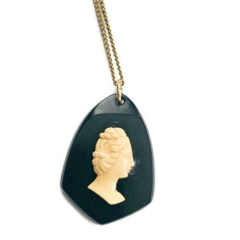 Vintage Mourning Necklace, Antique Black Cameo Pendant Necklace, Victorian Era